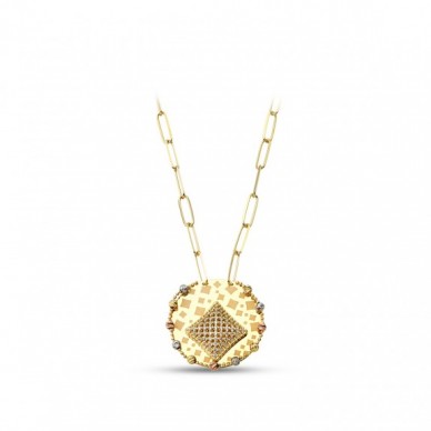 Karo Motifli Ataş Zincirli Transparan Taş Dizilimli Tasarım Dorika 14K Altın Kolye