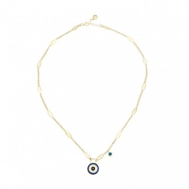 Tasarım Zincirli Lacivert Beyaz Mineli Göz Boncuklu Nazar Çanta 14K Altın Kolye