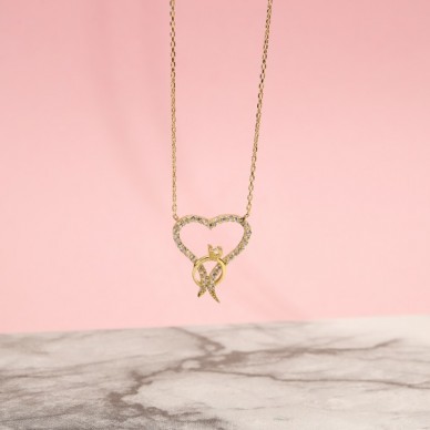 Tek Taş Yüzüklü Kalp 14K Altın Kolye