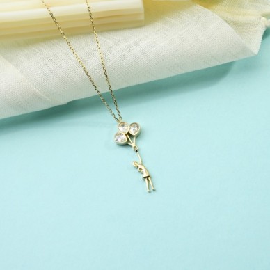 Balon Tutan Kadın Damla Taşlı 14K Altın Kolye