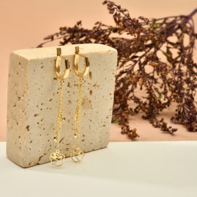 Gül Motifli Zincir Sallantılı 14K Altın Küpe