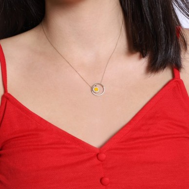 Güneş Sallantılı Mineli Taşlı Çember 14K Altın Kolye