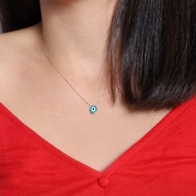 Turkuaz Mineli Nazar Boncuğu 14K Altın Kolye