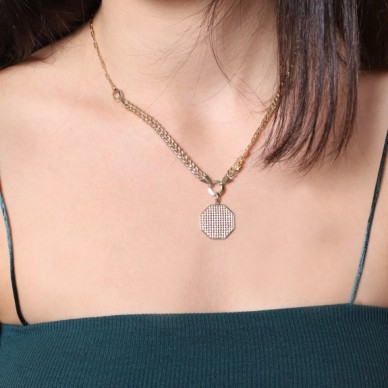 Kalın Zincirli Sekizgen Sallantılı 14K Geometrik Altın Kolye