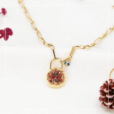 Renkli Taşlı Nazar Boncuklu Mini Kilit 14K Altın Kolye