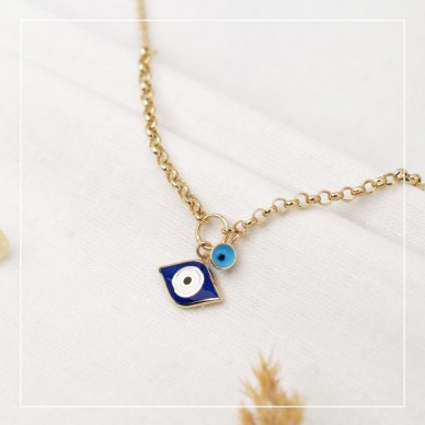 Örme Zincirli Mineli Göz 14K Altın Kolye