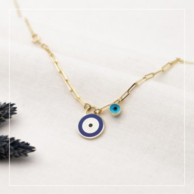 Göz Boncuklu Ataş Zincirli Nazar 14K Altın Kolye