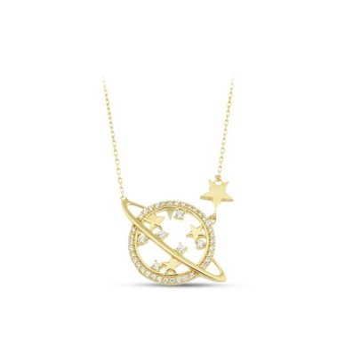 Yıldızlı Satürn Gezegeni 14 Ayar Altın Kolye