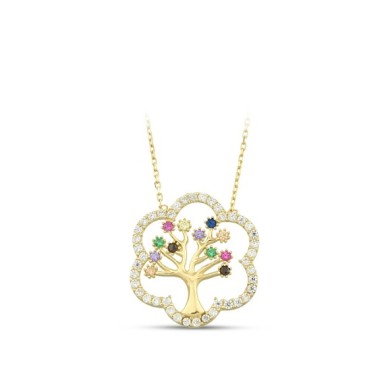 Çiçek Çerçeveli Renkli Ağaç Kolye