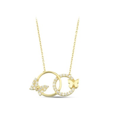 Kelebekli İç İçe Halka 14 Ayar Altın Kolye