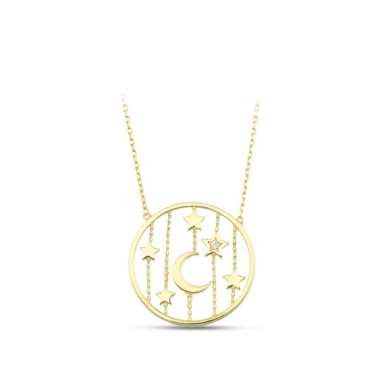 Ay ve Yıldızlı Çember 14 Ayar Altın Kolye